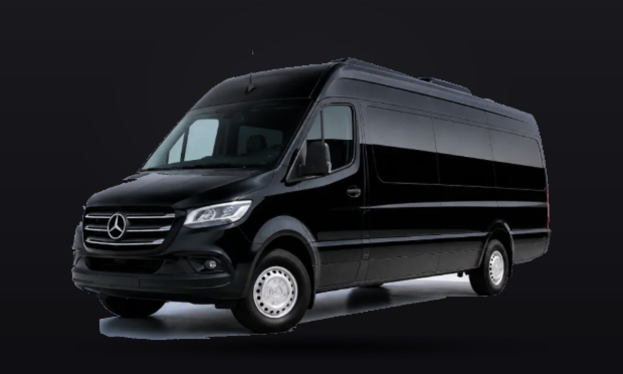 Black Mercedes-Benz Sprinter van, studio side profile
